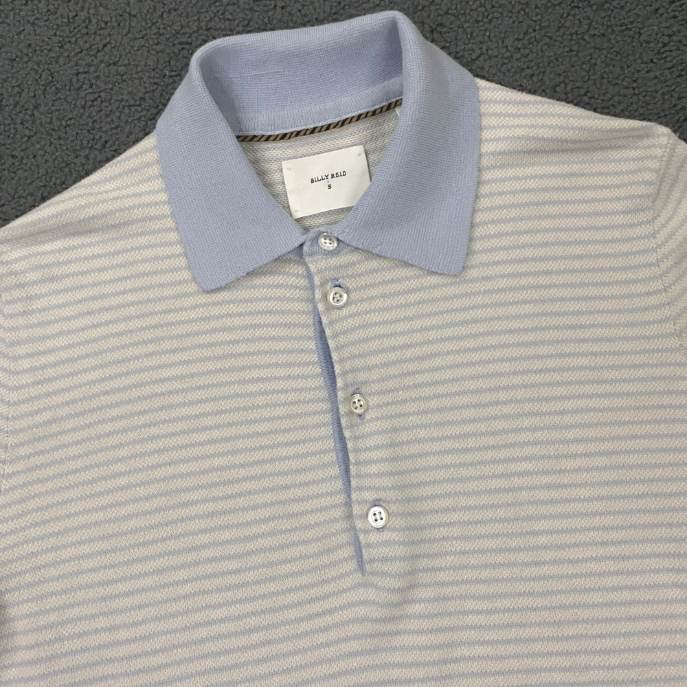 Billy Reid Polo Shirt Mens Small Blue Cream Striped Knit Sweater Short Sleeve